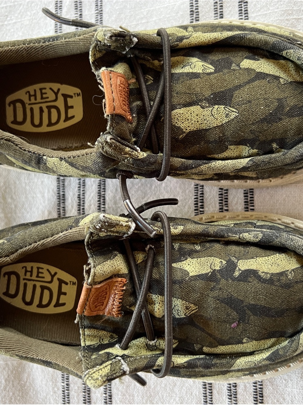 Hey Dude Olive Fish-Print Canvas Slip-Ons. Kids size 1.5-2 ( 8 inches long)
